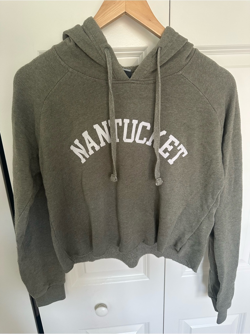 Nantucket Hoodie Sweatshirt Crop - Olive Green with White Logo